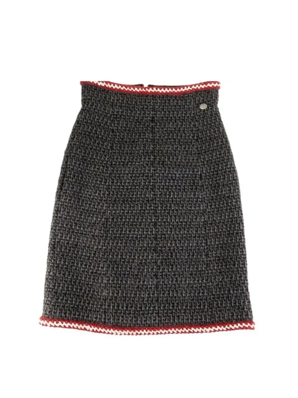 Chanel Tweed Skirt Coco Button Gray Red Acrylic Cotton 36